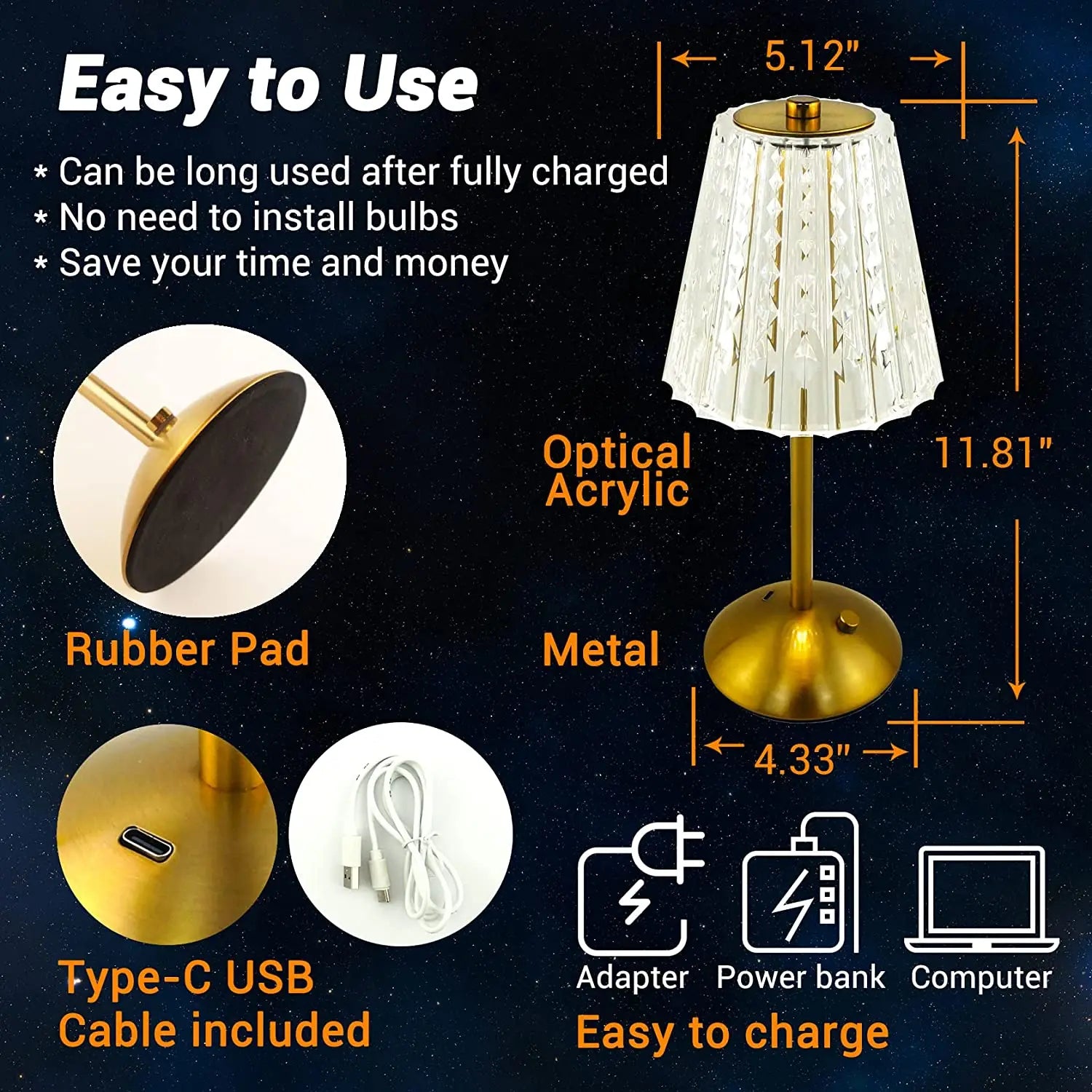 Crystal Diamond Table Lamp Touch Sensor Cordless Desk Lamp Rechargeable Bedside Night Light Hotel Restaurant Crystal Lighting